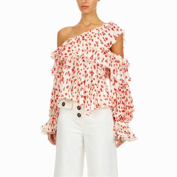 Self-Portrait Tops - Self-Portrait Ditsy Floral Print One Shoulder Blouse, Sz 2